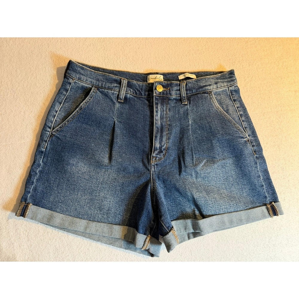 Wonderly High Rise Pleated Denim Shorts Medium Wash Cuffed Blue Size 10